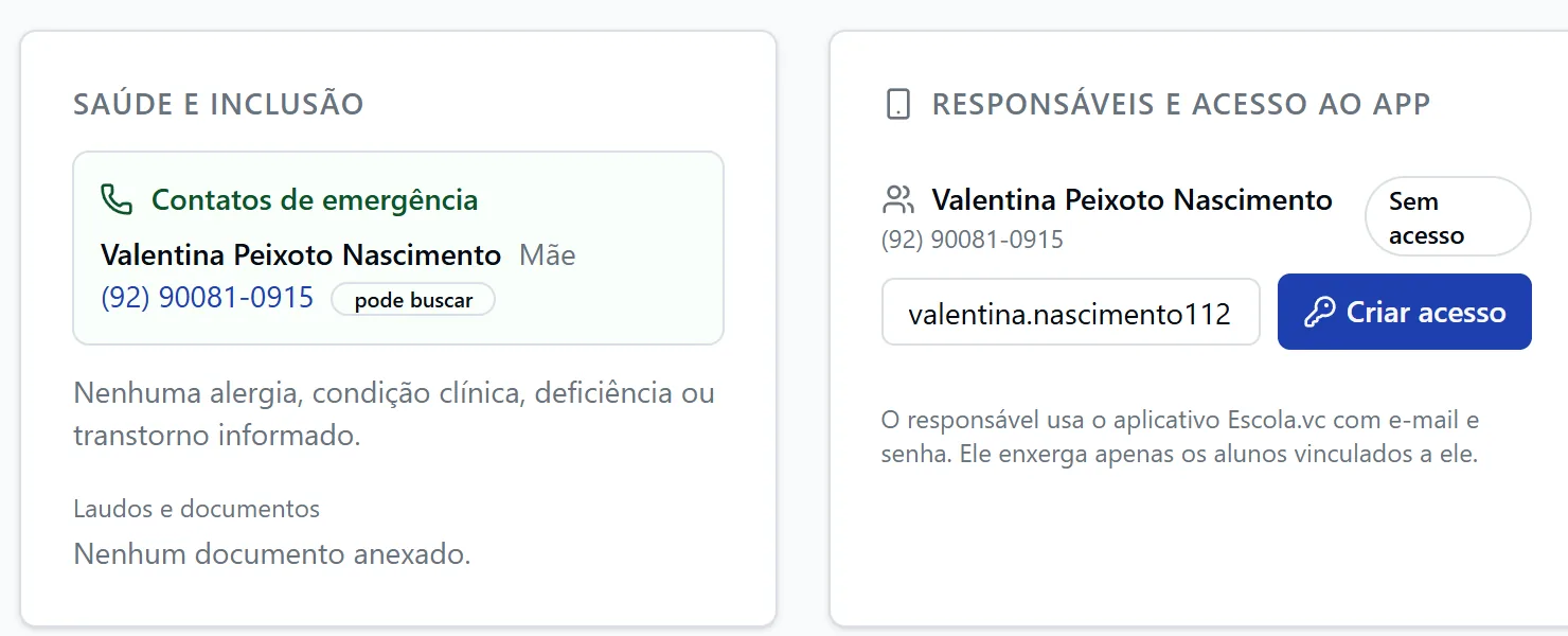 Ficha do aluno com contatos de emergência, saúde e acesso do responsável.