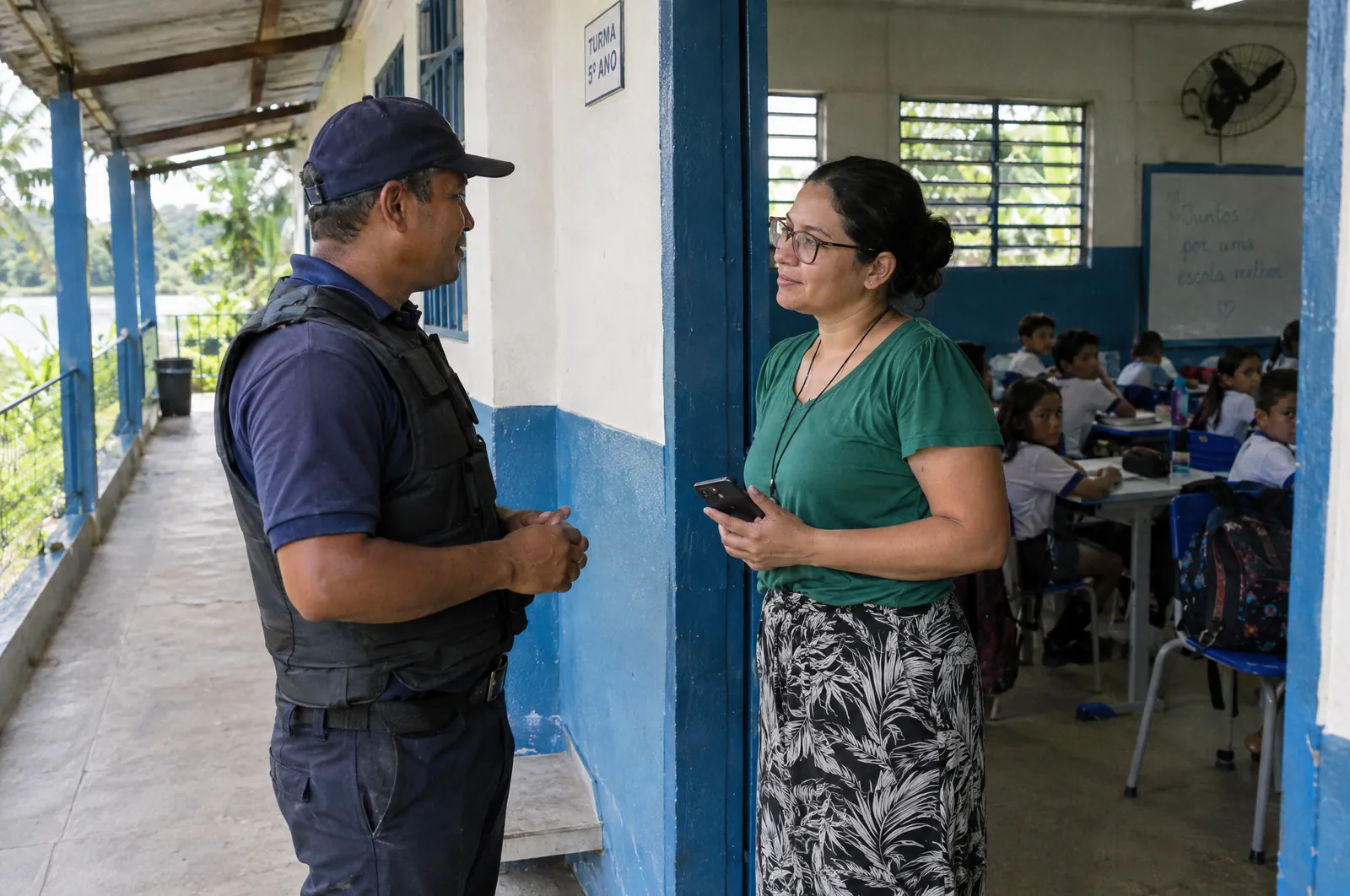 Agente de segurança conversa com a professora na porta da sala de aula