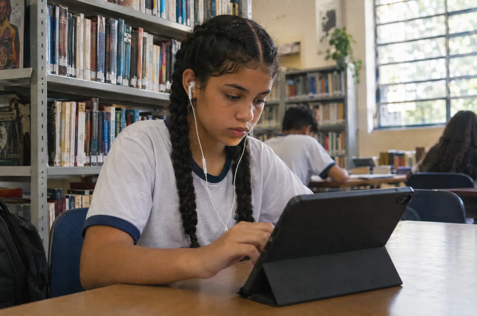 Aluna adolescente usa um tablet na biblioteca da escola