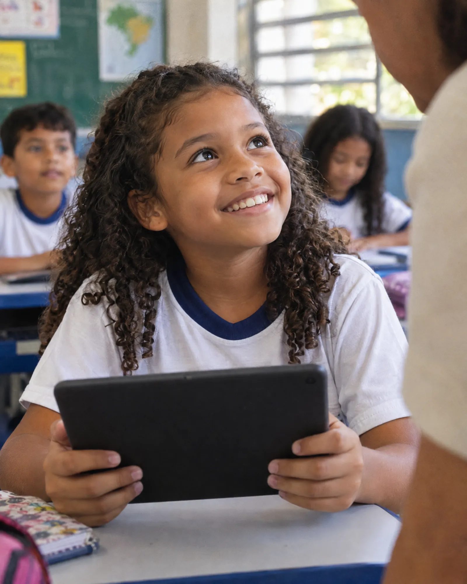 Menina sorri segurando um tablet na sala de aula