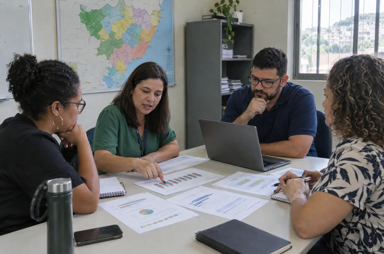 Equipe da secretaria de educação reunida em volta de gráficos impressos e um notebook
