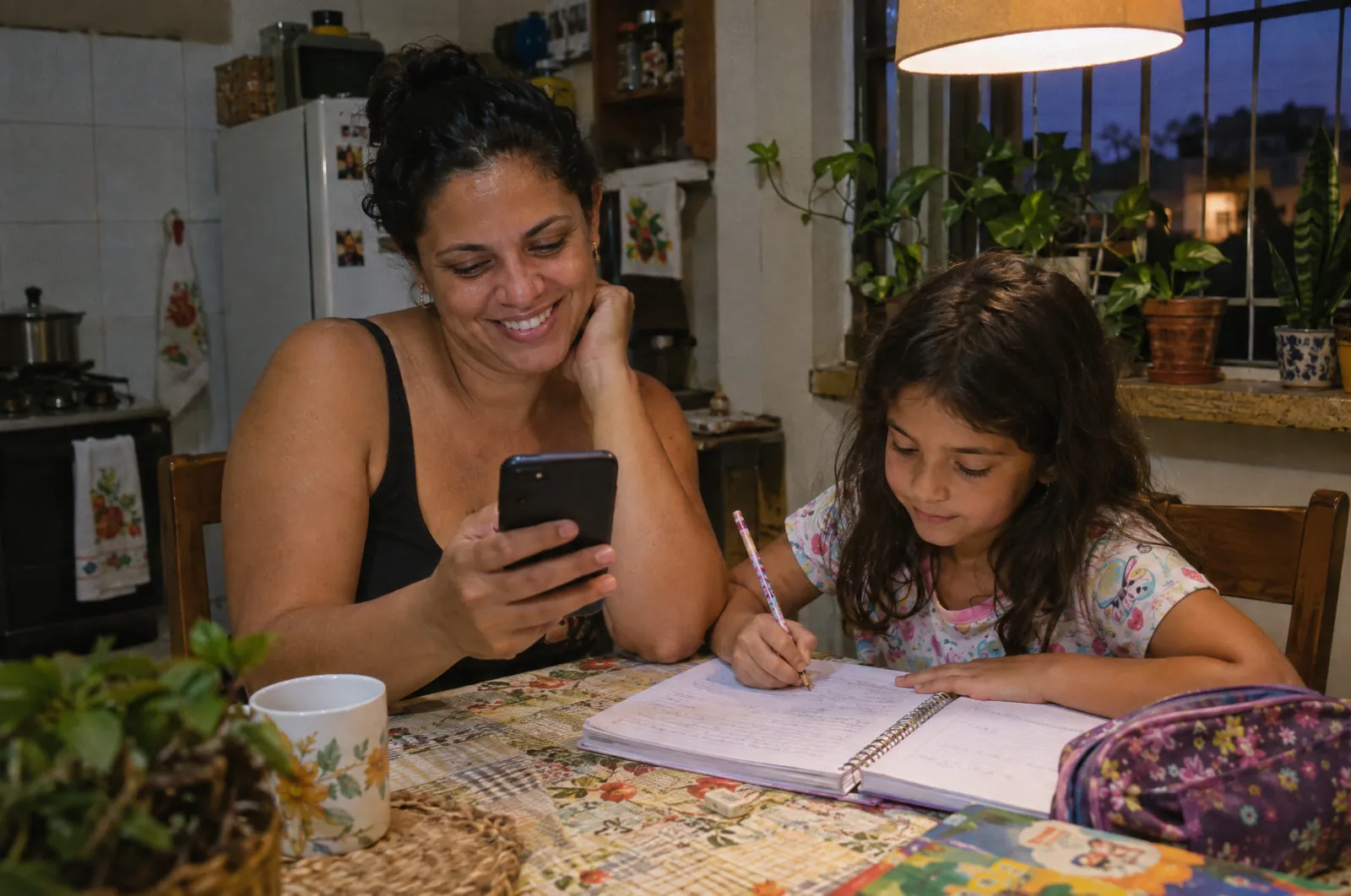 Mãe sorri ao ler uma mensagem da escola no celular, ao lado da filha que faz o dever de casa
