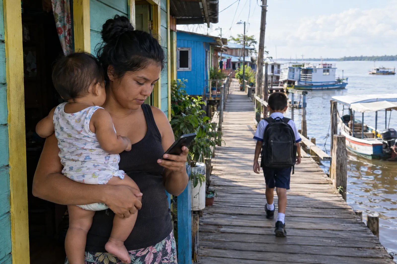 Mãe com o bebê no colo lê uma notificação no celular na varanda de casa, enquanto o filho segue para a escola