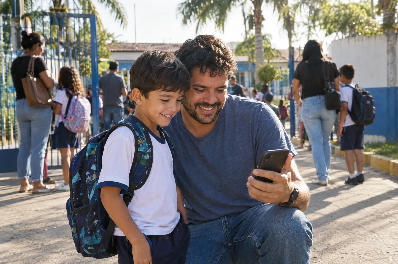 Pai e filho olham juntos o celular no portão da escola