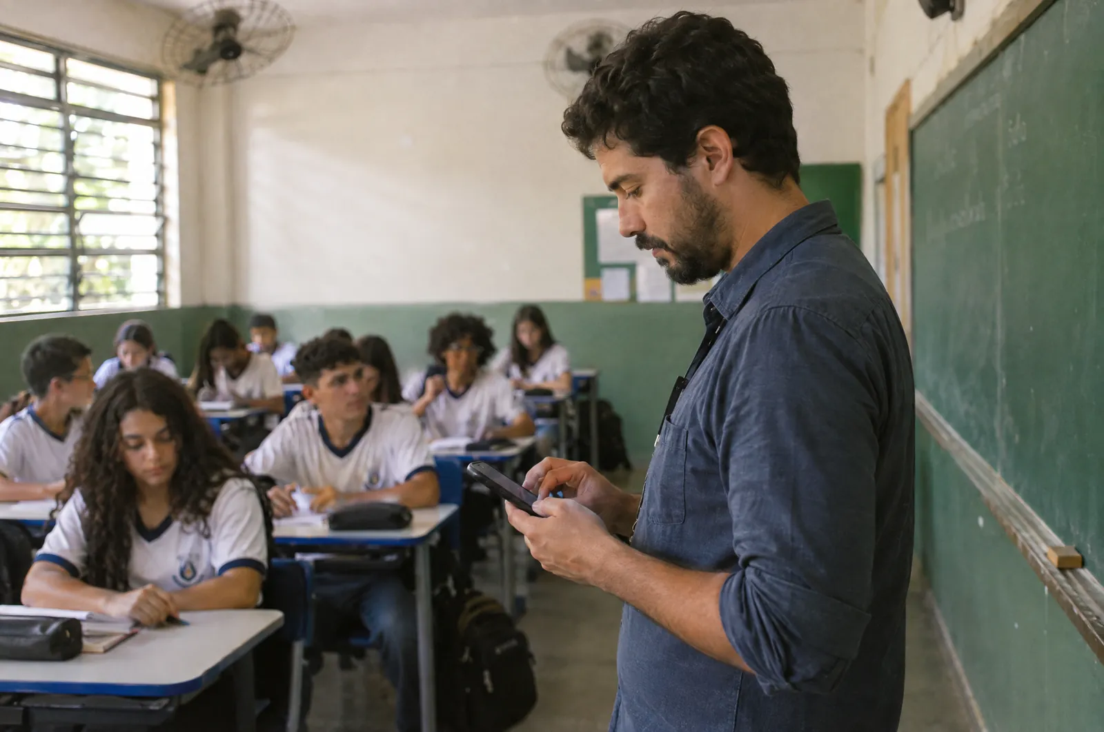 Professor registra a chamada no celular diante da turma