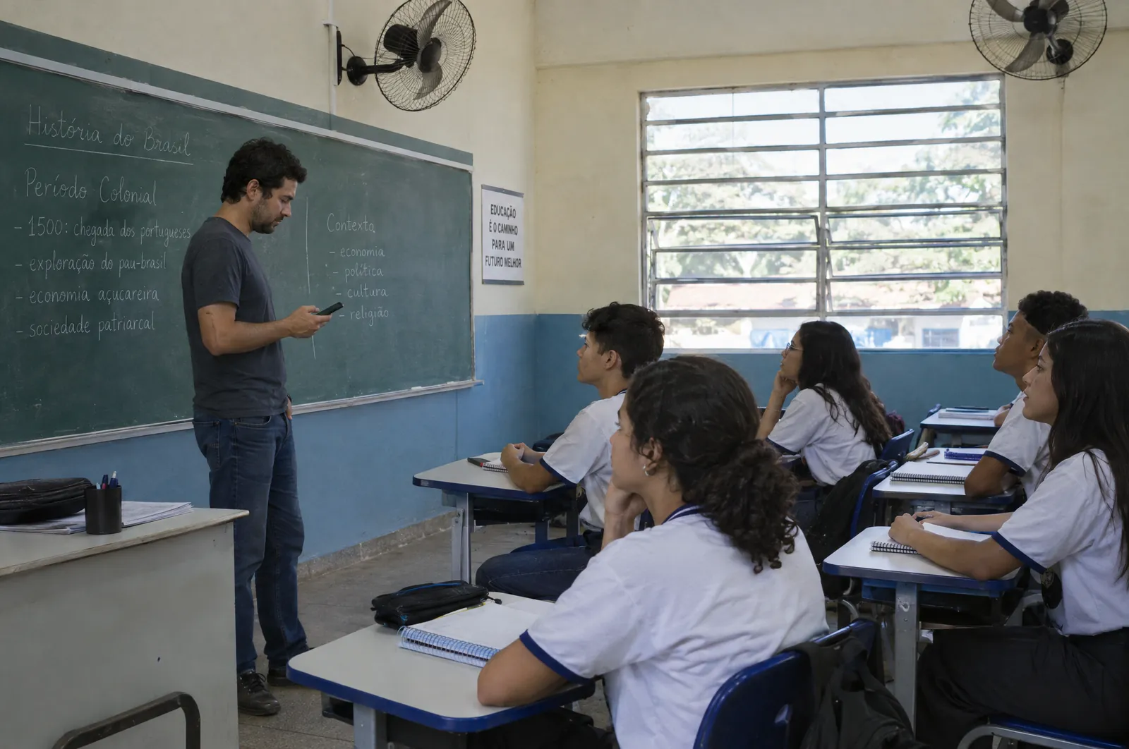 Professor em frente ao quadro, com os alunos sentados de frente para ele