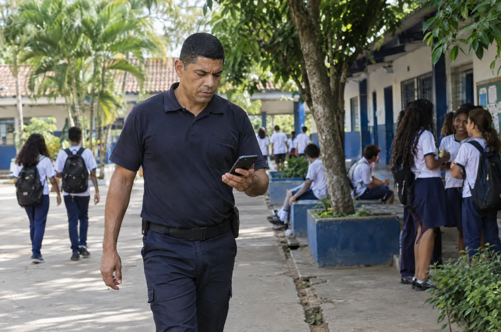 Agente de segurança caminha pelo pátio da escola olhando o celular